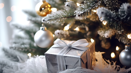 圣诞树银色礼品包装盒摄影图片
