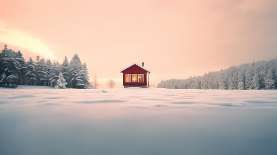雪景中的红色小木屋摄影图片