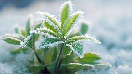 雪地里的树叶梦幻雪景摄影图