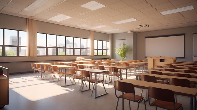 小学亚洲教室宽敞明亮摄影图