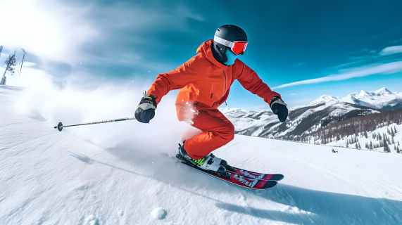 橙色滑雪服的滑雪爱好者摄影图片