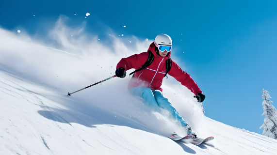 亚洲滑雪选手在清澈蓝天下的摄影图片