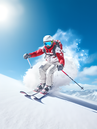 亚洲运动员在蓝天下滑雪的摄影图