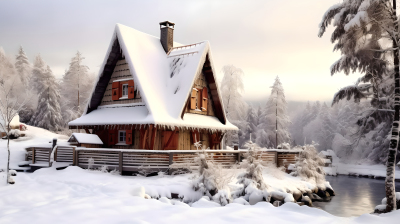 大雪中的小木屋冬日风光摄影图