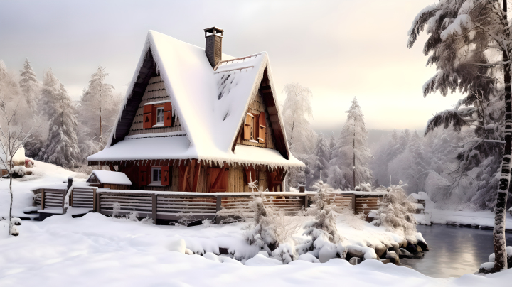 大雪中的小木屋冬日风光摄影图版权图片下载