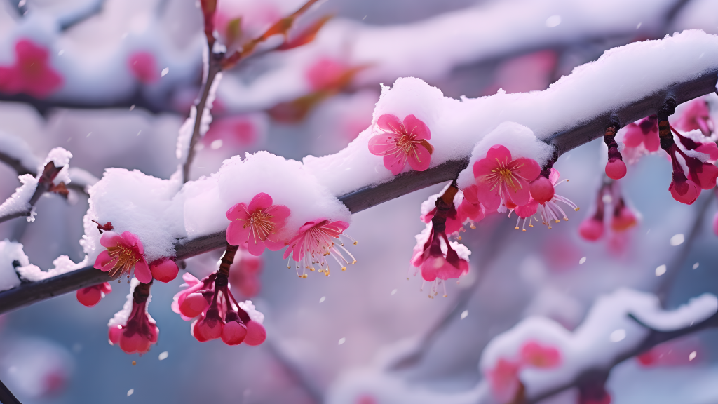 绽放的梅花清新雪景摄影图版权图片下载