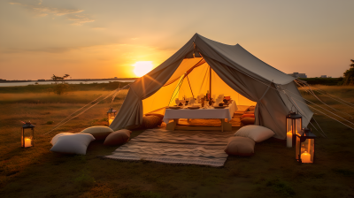夕阳下的简约豪华野餐帐篷摄影图