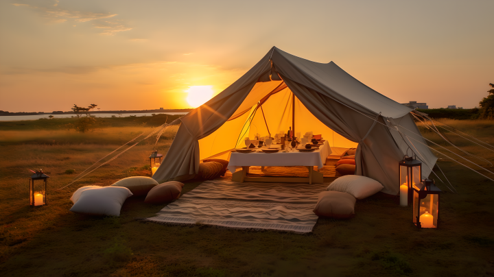 夕阳下的简约豪华野餐帐篷摄影图版权图片下载