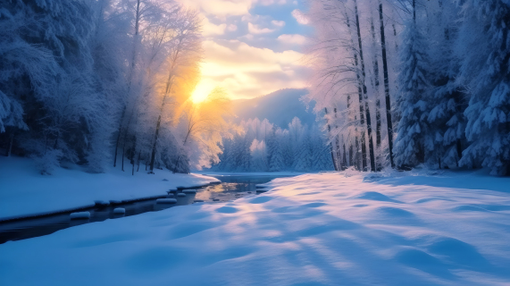 清晨雪景小溪流摄影图片