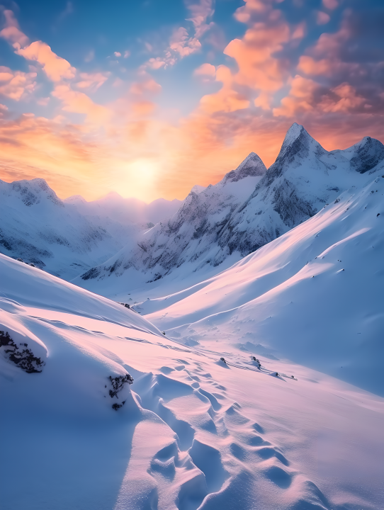 寒冷冬季雪地山脉摄影图版权图片下载