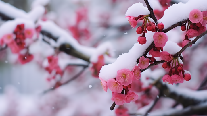 梅花树枝积雪唯美雪景摄影图版权图片下载