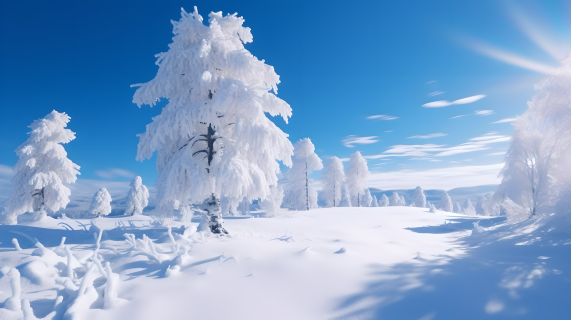 自然阳光下的松树雪景摄影图