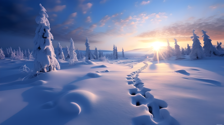 雪地上的脚印超高清雪景摄影图版权图片下载