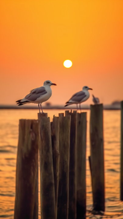 夕阳下的海鸥木桩摄影图版权图片下载