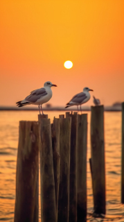 夕阳下的海鸥木桩摄影图