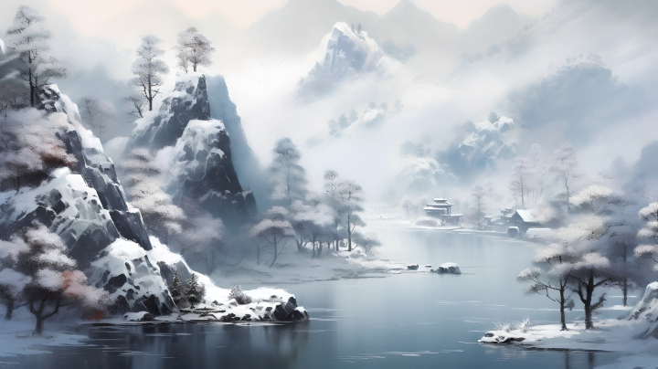 中国山水画风格的冬季雪景摄影版权图片下载