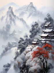 中国山水画雪景冬季风景暴风雪8k超高质量摄影图片