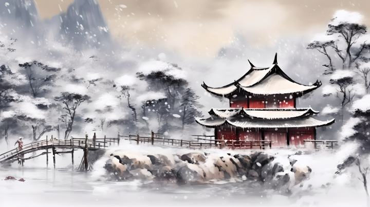 中国风山水画雪景摄影图版权图片下载
