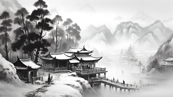 冬日白雪，中国画风景摄影图版权图片下载