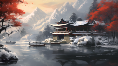 中国冬季风景油画摄影图