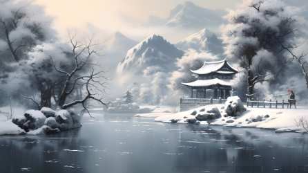 中国山水画冬日雪景