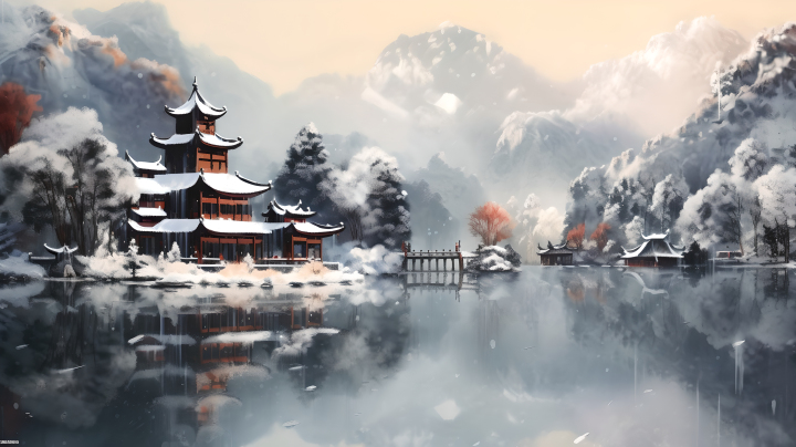 中国山水画式冬季风景摄影图版权图片下载