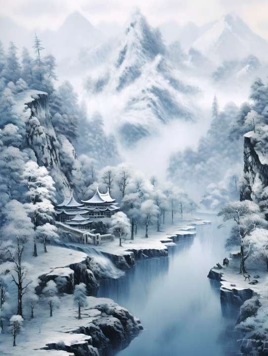 中国风绘画雪景冬季风景摄影图版权图片下载