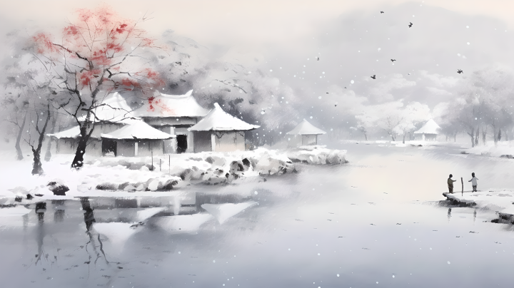 中国山水画，雪景风景摄影图版权图片下载