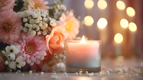 粉色花卉舒适的香薰蜡烛摄影图片