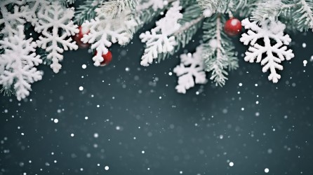 圣诞树分支和白雪花背景摄影图片
