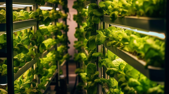 垂直农场中新鲜生菜的生长摄影图