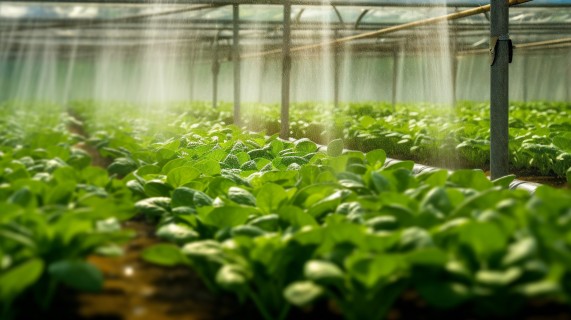 蔬菜温室洒水灌溉摄影图片