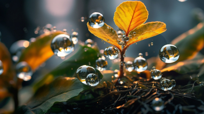 光球般的水滴落在植物上的摄影图片