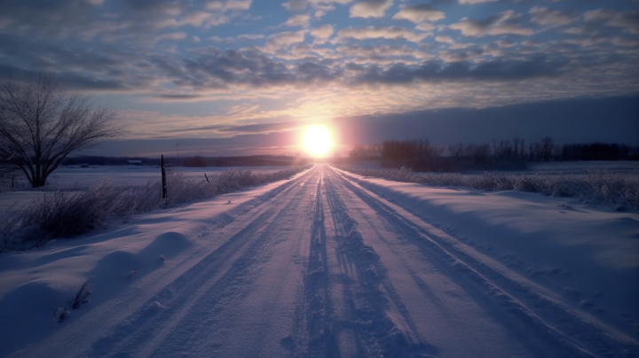 雪地公路尽头的阳光版权图片下载