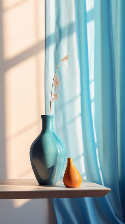 蓝色花瓶和窗帘旁的小花瓶摄影图片