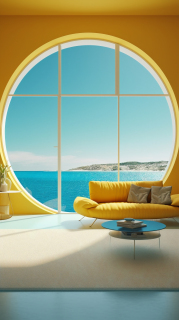 未来主义风格的黄色客厅蓝窗户和海洋摄影图片