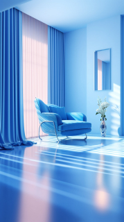 蓝色房间白色地板和闪亮物品的摄影图片