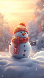 绚丽简约：雪地上坐着的带着毛线帽子和围巾的雪人摄影图片