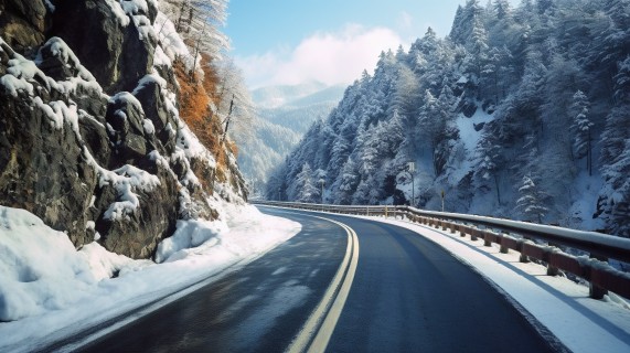 日本山区的雪路摄影图片