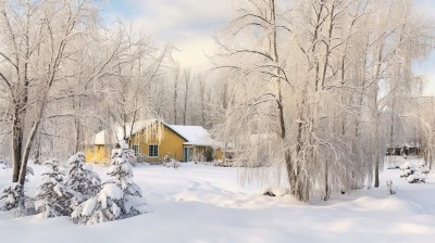 雪覆苍松的院子摄影图片