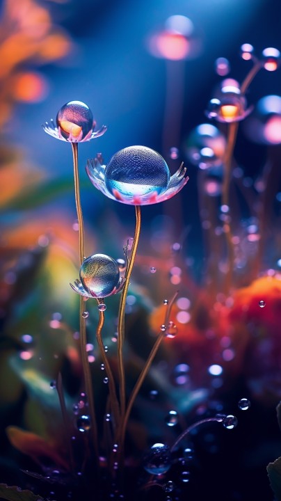 梦幻光球水滴在植物上的摄影版权图片下载