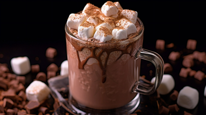 巧克力饮品上面撒着棉花糖和巧克力的摄影版权图片下载