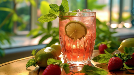 鲜活草莓酒配柠檬叶和薄荷摄影图片