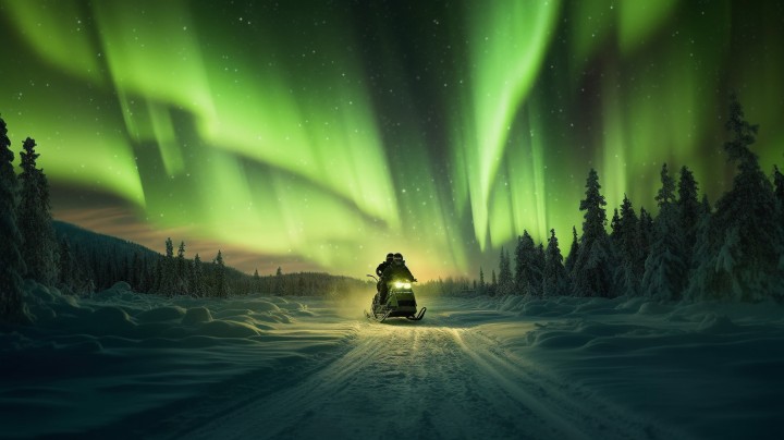 极光后的冰上雪地摩托骑行摄影版权图片下载
