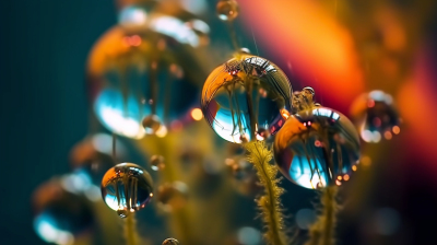 梦幻般的水滴在植物上方摄影图