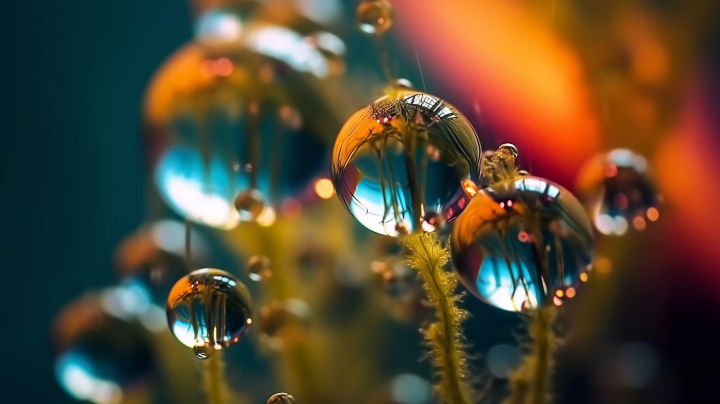 梦幻般的水滴在植物上方摄影图版权图片下载