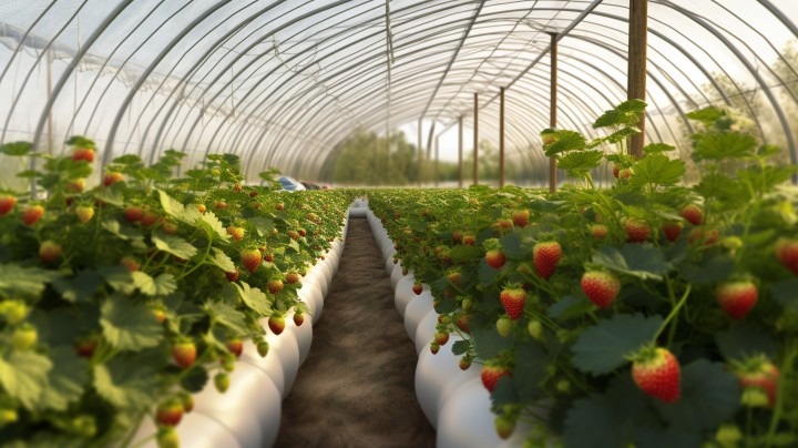 绿色蔬菜大棚内种植草莓摄影图版权图片下载