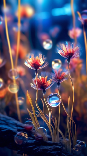 梦幻般的光球洒在植物上的摄影图片