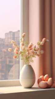 白色花瓶中的彩色鸟蛋和花朵摄影图片