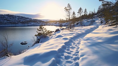 雪景湖边小径摄影图片